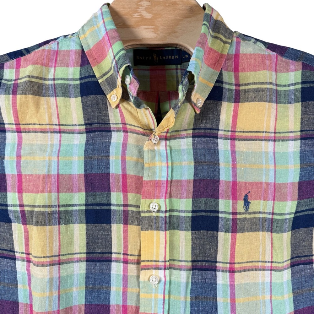 Ralph Lauren Plaid Button Down Shirt Mens Large Multi Color Linen Short Sleeve